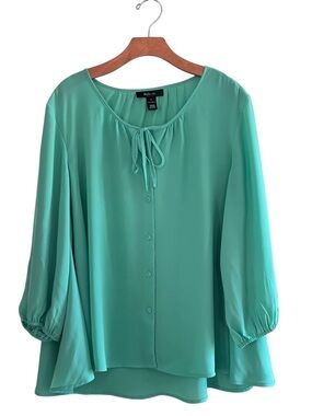 Style & Co. Green Button Front swing Blouse L with Neck Tie Boho
